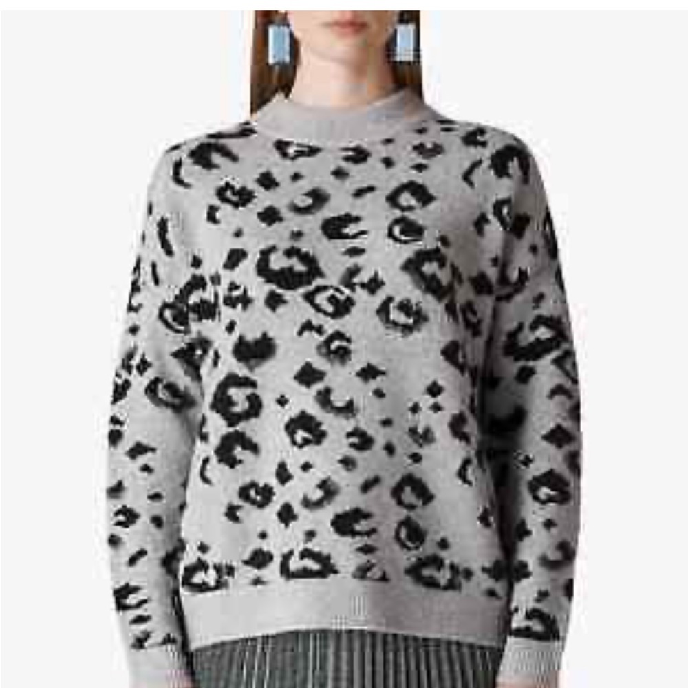 Whistles Gray Marl Leopard Intarsia Knit Long Sleeve Sweater
